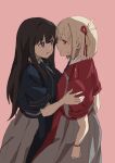  2girls black_hair blonde_hair blue_dress closed_mouth commentary dress grey_dress hair_ribbon hand_on_another's_shoulder highres ini_yoy inoue_takina long_hair lycoris_recoil lycoris_uniform multiple_girls nishikigi_chisato one_side_up open_mouth pink_background purple_eyes red_dress red_ribbon ribbon short_hair short_sleeves sidelocks simple_background two-tone_dress watch wristwatch yuri 