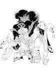  2boys anal armor arrow_(symbol) bite_mark bite_mark_on_thigh blunt_ends blush bridal_gauntlets cape censored clothes_lift commentary cum cum_on_body dated dual_persona feet_out_of_frame fingernails flower french_kiss full_body genshin_impact greyscale hair_between_eyes half-closed_eyes hand_on_another's_head hand_on_another's_waist hand_up highres japanese_armor jewelry kiss kote kurokote leaf leg_up looking_at_another male_focus mandarin_collar missing_headwear mitsudomoe_(shape) monochrome multiple_boys nail_polish necklace nipples novelty_censor open_clothes open_shirt qiao2121 ring sandals scaramouche_(genshin_impact) scaramouche_(harbinger)_(genshin_impact) selfcest sex sex_from_behind shirt_lift short_hair short_sleeves shorts simple_background sitting socks spread_legs tank_top tassel teeth toenails tomoe_(symbol) untranslatable_commentary v-shaped_eyebrows wanderer_(genshin_impact) yaoi 