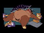 anthro bear belly big_belly big_butt blush burping butt butt_from_the_front clothed clothing cookie crumbs crumbs_on_face dessert eyewear food glasses hair hi_res huge_belly huge_hips huge_thighs lighter_belly lying male mammal moobs neck_tuft obese on_back onomatopoeia open_mouth overeating overweight overweight_anthro overweight_male paws satisfied solo sound_effects stuffing sweets tauri_(tauribear) text thick_thighs tuft tummiesandsuch underwear underwear_only wide_hips