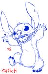  &lt;3 4_fingers 4_toes acidgreenfilling alien back_markings blue_and_white blue_claws character_name chest_tuft claws digital_drawing_(artwork) digital_media_(artwork) disney experiment_(species) fur head_tuft lilo_and_stitch markings monochrome notched_ear on_one_leg open_mouth open_smile pawpads raised_leg sharp_teeth simple_background sketch smile solo standing stitch teeth toes tuft white_background 