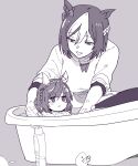  2girls aged_down aged_up alternate_costume animal_ears bathtub buena_vista_(umamusume) highres horse_ears horse_girl in_bathtub lamine_yamal lionel_messi monochrome multiple_girls parent_and_child photo-referenced purple_theme short_hair soap soap_bubbles special_week_(umamusume) taguchi_kenji_(omaep) umamusume umamusume_horse_relations washing_another 