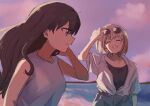  2girls adjusting_eyewear black_shirt blonde_hair blue_tank_top brown_hair closed_mouth commentary dusk earrings grin highres ini_yoy inoue_takina jewelry long_hair lycoris_recoil medium_hair multiple_girls nishikigi_chisato ocean outdoors purple_eyes shirt smile sunglasses tank_top white_shirt 