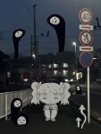  1girl building car chibi commentary_request echize_n evening ghost greyscale_with_colored_background hands_on_own_knees highres knees_up motor_vehicle original outdoors power_lines railing road road_sign sign sitting street twintails 