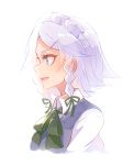  60mai blue_eyes braid commentary from_side green_neckwear green_ribbon hair_ornament hair_ribbon hairclip izayoi_sakuya maid_headdress neck_ribbon open_mouth profile ribbon short_hair silver_hair simple_background smile solo touhou twin_braids upper_body white_background wing_collar 