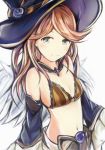  beatrix_(granblue_fantasy) beatrix_(granblue_fantasy)_(cosplay) blue_hat bra breasts brown_bra brown_hair choker cleavage cosplay detached_sleeves floating_hair granblue_fantasy grey_eyes hat long_hair looking_at_viewer midriff nannacy7 navel sara_(granblue_fantasy) simple_background sketch small_breasts smile solo stomach striped striped_bra underwear upper_body white_background witch_hat 