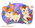  blush bulge clothing dancing duo guitar hamster hamtaro_(series) jingle_(hamtaro) male mammal mohawk musical_instrument one_eye_closed open_mouth pole pole_dancing puggy rodent simple_background stan_(hamtaro) stool twerking underwear whiskers wink 