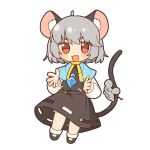  1girl :3 animal_ear_fluff animal_ears black_skirt black_vest blue_capelet blush capelet commentary_request edamanecha full_body grey_hair highres jewelry long_sleeves looking_at_viewer mouse_(animal) mouse_ears mouse_girl mouse_tail nazrin open_mouth pendant red_eyes shirt simple_background skirt smile solo tail touhou vest white_background white_shirt 