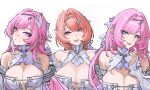  3girls absurdres bare_shoulders blue_eyes breasts bunnyoki cleavage color_connection commentary company_connection cosplay cyrene_(demiurge)_(honkai:_star_rail) cyrene_(honkai:_star_rail) detached_sleeves diamond-shaped_pupils diamond_(shape) dress elf elysia_(honkai_impact) english_commentary hair_color_connection highres honkai:_star_rail honkai_(series) honkai_impact_3rd inoue_marina large_breasts long_hair looking_at_viewer medium_hair mihoyo mole mole_on_breast multicolored_hair multiple_girls pink_hair pointy_ears purple_eyes remielle_dan remielle_dan_(cosplay) simple_background smile symbol-shaped_pupils two-tone_hair upper_body very_long_hair voice_actor_connection white_background white_dress white_hair yanning zenless_zone_zero 