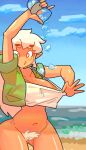 2025 5_fingers absurd_res ahfkdy7 artist_name autumn_(genocityzone) beach big_breasts blue_sky bottomless bottomless_female bottomless_humanoid breasts brown_body brown_breasts brown_skin clothed clothing clothing_pull cloud collarbone container crop_top_pull cup day digital_media_(artwork) elf female female_humanoid fingers freckled_breasts freckled_face freckled_hips freckles genitals genocityzone green_clothing green_jacket green_topwear hair hi_res holding_container holding_cup holding_object humanoid humanoid_pointy_ears ice ice_cube jacket long_hair navel not_furry open_clothing open_jacket open_topwear orange_eyes pointy_ears pubes sea sky solo standing tan_hair tan_pubes text topwear topwear_pull vulva water watermark white_sclera