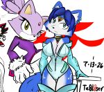 absurd_res anthro armwear big_breasts blaze_the_cat blue_body blue_fur blue_hair boots breasts canid canine cleavage clothed clothing dated digital_media_(artwork) drawpile_(artwork) ear_piercing elbow_gloves eyelashes felid feline female floating fluffy footwear fox fur gloves group hair handwear headpiece hi_res jacket jewelry jumpsuit krystal_(star_fox) legwear logo looking_at_viewer mammal necklace nintendo piercing ponytail purple_body purple_fur sega shoes short_hair skin_tight_suit smile sonic_the_hedgehog_(series) standing star_fox tail tattoo te0l0ser teal_eyes thigh_boots thigh_highs tight_clothing topwear yellow_eyes zipper