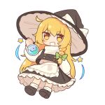  1girl apron black_hat black_skirt black_vest blonde_hair blush bow braid brown_shoes commentary_request deformed edamanecha flask frilled_skirt frills full_body hair_between_eyes hair_bow hat hat_bow highres holding holding_flask kirisame_marisa long_hair long_sleeves looking_at_viewer round-bottom_flask shoes side_braid simple_background single_braid skirt socks solo star_(symbol) touhou very_long_hair vest waist_apron white_apron white_background white_bow white_socks witch_hat yellow_eyes 