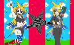  2girls absurdres american_flag american_flag_print animal_ears bangle belt black_eyes black_jacket black_pants black_shirt blonde_hair blue_hair bracelet breasts cleavage cloud commentary_request crop_top empty_eyes feet_out_of_frame flag_print grey_vest grin hair_over_one_eye highres horse_ears horse_girl horse_tail jacket jewelry long_bangs long_hair looking_at_viewer medium_breasts mesmerizer_(vocaloid) middle_finger multicolored_hair multiple_girls nobu_(sfam7588) obey_your_master_(butler)_(umamusume) obey_your_master_(racing)_(umamusume) obey_your_master_(umamusume) open_mouth pants shirt single_thighhigh sleeveless sleeveless_shirt smile star_(symbol) tail thighhighs two-tone_hair umamusume very_long_hair vest white_belt white_shirt 