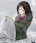  black_hair blue_eyes girls_und_panzer ground_vehicle hair_between_eyes is-2 kurano_yuuichi long_hair military military_vehicle motor_vehicle nonna parted_lips pravda_school_uniform snowing solo tank 