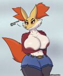 angry anthro areola belt_buckle big_breasts black_body black_fur bottomwear bra_removed breasts buckle clothed clothing delphox denim denim_bottomwear denim_clothing denim_shorts female female_anthro fur generation_6_pokemon hi_res holding_breast inner_ear_fluff multicolored_body multicolored_fur nintendo nipples orange_body orange_eyes orange_fur orange_inner_ear_fluff orange_tail pokemon pokemon_(species) red_areola red_body red_fur red_nipples shorts solo tail terryartica thick_thighs topless topless_female tuft white_body white_fur yellow_body yellow_fur
