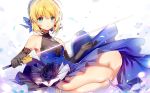  artoria_pendragon_(all) blonde_hair blue_dress blue_footwear blue_ribbon breasts dress elbow_gloves excalibur eyebrows_visible_through_hair fate/stay_night fate_(series) gloves green_eyes grey_gloves hair_between_eyes hair_ribbon high_heels highres holding holding_sword holding_weapon kamiowl looking_at_viewer ribbon saber short_hair sitting sleeveless sleeveless_dress small_breasts solo sword weapon white_background 
