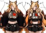 2_tails absurd_res animal_humanoid belt big_breasts blush breasts canadian_flag canid canid_humanoid canine canine_humanoid clothed clothing crop_top eyeshadow eyeshadow_makeup female fox_humanoid heart_symbol hi_res humanoid i_love_anal_(meme) jacket leaf makeup mammal mammal_humanoid maple_(maple_chicken) multi_tail not_furry open_clothing open_jacket open_topwear pinacatte shirt smile sticker tail topwear
