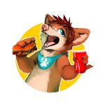  2018 anthro beverage bib blue_eyes brown_fur brown_hair burger canine cheek_tuft dog ear_tuft eating fangs food fox4 fur hair holding_object kiggles looking_up male mammal mostly_nude multicolored_fur open_mouth pink_nose simple_background solo solo_focus teeth tongue tuft two_tone_fur white_background 