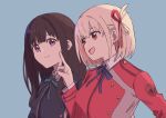  2girls black_hair blonde_hair blue_background blue_dress blue_ribbon closed_mouth commentary dress hair_ribbon highres index_finger_raised ini_yoy inoue_takina long_hair long_sleeves lycoris_recoil lycoris_uniform multiple_girls neck_ribbon nishikigi_chisato open_mouth purple_eyes red_dress red_eyes red_ribbon ribbon short_hair sidelocks simple_background 