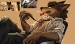accessory anthro athletic athletic_anthro athletic_male bottomwear brown_body brown_fur canid canine canis clothed clothing dreamworks excaliburwolf fur hi_res leaning leaning_backward looking_at_viewer male mammal mr._wolf_(the_bad_guys) necktie open_clothing open_shirt open_topwear pants seductive shirt solo the_bad_guys tongue tongue_out topwear wolf yellow_eyes