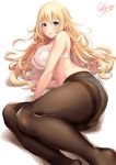  arm_support artist_name ass atago_(kantai_collection) black_legwear blonde_hair blue_eyes blue_skirt bra breasts commentary gusset kantai_collection large_breasts long_hair long_sleeves looking_at_viewer lying no_shirt no_shoes on_side panties pantyhose parted_lips sakiyamama shirt simple_background skirt smile solo thighband_pantyhose underwear white_background white_bra white_panties 
