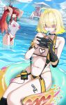  3girls absurdres afloat ahoge aqua_hairband arms_up bare_shoulders bikini bikini_visible_through_clothes black_choker blonde_hair blue_sky breasts choker cleavage clothing_cutout cloud collarbone cruise_ship dorothy_(nikke) dorothy_(serendipity)_(nikke) dress_swimsuit elegg_(boom_and_shock)_(nikke) elegg_(nikke) game_controller_print gloves goddess_of_victory:_nikke green_hairband hair_bun hair_intakes hair_over_eyes hair_tie_in_mouth hairband handheld_game_console heart_cutout highres holding holding_handheld_game_console holding_opera_glasses huge_breasts inflatable_wings innertube large_breasts leg_tattoo ley_reishiro long_hair mouth_hold multicolored_hair multiple_girls navel official_alternate_costume official_alternate_hair_color official_alternate_hairstyle on_innertube opera_glasses outdoors pink_hair ponytail pool purple_eyes rabbit_choker rabbit_ornament rapi_(nikke) rapi_(red_hood)_(nikke) rapi_(red_hood)_(red_flavor)_(nikke) red_bikini red_eyes red_hair see-through_clothes see-through_shirt see-through_slingshot_swimsuit ship_deck shirt short_hair single_glove single_side_bun sitting sky slingshot_swimsuit stomach swim_ring swimsuit tattoo two-sided_gloves two-tone_slingshot_swimsuit tying_hair umbrella very_long_hair wading water wet wet_clothes wet_shirt white_bikini yellow_slingshot_swimsuit 
