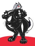 2026 absurd_res anthro big_breasts black_clothing blush breasts canid canid_demon canine clenched_teeth clothing collar curvy_figure demon digital_media_(artwork) digitigrade female grey_hair hair hellaverse hellhound helluva_boss hi_res huge_breasts implied_expansion latex latex_clothing latex_skinsuit lettuce_(artist) looking_down loona_(helluva_boss) mammal mythological_canine mythological_creature mythology nipple_outline pregnant red_sclera simple_background skinsuit solo spiked_collar spikes standing tail teeth thick_thighs tight_clothing voluptuous
