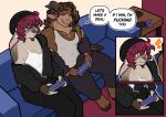 4_toes 5_fingers absurd_res blue_eyes bovid breasts brown_body brown_fur brown_hair bulge caprine comic comic_panel detailed_background dialogue digitigrade english_text eye_bags feet fingers fur genitals hair hi_res horn humanoid_genitalia humanoid_penis inside lagomorph leporid living_room lopped_ears male mammal multicolored_body multicolored_fur muscular penis profanity rabbit red_hair sheep shinystarshard text tired_eyes toes