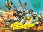  1980s_(style) alien artist_request battle canopy_(aircraft) choujikuu_yousai_macross cloud cloudy_sky commentary debris desert energy_cannon explosion firing gerwalk gun gunpod machine_gun macross mecha mecha_pilot_suit missile official_art painting_(medium) pilot promotional_art radio_antenna regult retro_artstyle robot scan science_fiction signature sky smoke smoke_trail traditional_media translation_request u.n._spacy vf-1a walker_(robot) weapon zentradi 