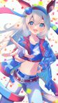  1girl animal_ears blue_eyes blue_hairband blue_jacket blue_sports_bra blush breasts collarbone ear_covers fingerless_gloves gloves grey_hair grey_tail hair_between_eyes hairband hand_on_own_hip headband highres horse_ears horse_girl horse_tail jacket kakuzatou_(kakuzatou777) lightning_bolt_print lightning_bolt_symbol long_hair long_sleeves midriff multicolored_hairband navel open_mouth pants red_headband small_breasts smile sports_bra striped_clothes striped_hairband sweat tail tamamo_cross_(fast_as_lightning)_(umamusume) tamamo_cross_(umamusume) two-tone_hairband umamusume very_long_hair white_gloves white_pants 