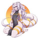  &lt;3 5_fingers abstract_background animal_humanoid black_sclera claws clothing female hair hi_res horn humanoid jealousjelly jellyenvy lucia_(paledrake) mammal reptile reptile_humanoid scalie simple_background slit_pupils solo thick_thighs white_background white_hair white_skin yellow_pupils 