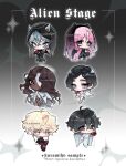  3boys 3girls absurdres alien_stage angel_and_devil angel_wings artist_name black_eyes black_hair black_veil black_wings blonde_hair brown_hair chibi chibi_only commentary copyright_name dark-skinned_female dark_skin demon_horns demon_wings english_commentary green_eyes grey_eyes grey_hair halo highres horns hyuna_(alien_stage) ivan_(alien_stage) luka_(alien_stage) mih0 mizi_(alien_stage) multiple_boys multiple_girls multiple_wings official_alternate_costume pink_hair purple_eyes sua_(alien_stage) till_(alien_stage) veil white_wings wings yellow_eyes 