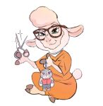anthro bovid caprine dawn_bellwether disney european_rabbit eyewear female fur glasses green_eyes hi_res hooves judy_hopps lagomorph leporid malicious malicious_intent mammal miss-ewe3479 orange_jumpsuit oryctolagus plushie prison_uniform purple_eyes rabbit scissors sheep solo wearing_glasses white_body white_fur white_wool wool_(fur) wool_hair zootopia
