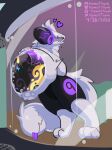 absurd_res against_surface against_wall anthro armor black_armor blep blush blush_lines digestion duo fur glowing glowing_eyes glowing_insides golden_body heart_symbol hi_res howzit_toyah leg_markings machine male markings melty_digestion on_glass oral_vore protogen protogen_armor protogen_visor purple_eyes purple_light purple_tongue quro shower smile smirk soft_vore standing tail tail_mouth thigh_markings tongue tongue_out unusual_anatomy unusual_tail vore white_body white_fur