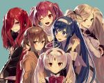  5girls ;d ahoge alternate_hairstyle anger_vein black_eyes blonde_hair blue_eyes blue_hair blush bow breasts brown_eyes brown_hair carmine cleavage clenched_teeth commentary_request crossed_arms double_v expressionless forehead_jewel fur_trim hair_intakes hair_over_one_eye hair_ribbon hairband heterochromia hilda_(under_night_in-birth) huge_ahoge linne looking_at_viewer medium_breasts multiple_girls odd_one_out one_eye_closed open_mouth orie_(under_night_in-birth) pink_hair red_eyes red_hair red_sclera ribbon short_twintails smile suzunashi sweatdrop teeth twintails under_night_in-birth upper_body v vatista white_hair yuzuriha_(under_night_in-birth) 