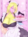 absurd_res anthro apron big_breasts black_clothing blonde_hair blue_eyes breasts cake cleavage clothed clothed_female clothing dessert dragon dress female female_anthro food fruit hair headgear headwear hi_res horn huge_breasts laladeei lily_(lily960) long_hair looking_at_viewer maid_uniform mythological_creature mythological_scalie mythology open_mouth pink_body pink_scales plant purple_body scales scalie smile solo tail uniform yellow_body
