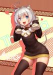  :3 :d ahoge animal_ears bangs benghuai_xueyuan black_dress black_legwear cat_ears character_name chinese_commentary commentary_request dress eyebrows_visible_through_hair fang grey_hair hair_between_eyes heart heart_ahoge hei_huo_chong highres honkai_impact legs_apart long_sleeves looking_at_viewer open_mouth short_dress sidelocks silver_hair sleeves_past_fingers sleeves_past_wrists smile solo theresa_apocalypse thighhighs zettai_ryouiki 