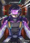  1boy black_bodysuit blonde_hair blue_eyes bodysuit chair commentary_request copyright_logo copyright_name copyright_notice gundam gundam_card_game gundam_seed helmet kota_2kx logo mecha_pilot_suit mu_la_flaga multicolored_bodysuit official_art on_chair pilot_chair pilot_helmet purple_bodysuit sanpaku science_fiction sitting solo spacesuit white_bodysuit 