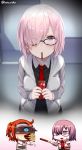  absurdres black-framed_eyewear blush chaldea_uniform chibi chibi_inset eyebrows_visible_through_hair fate/grand_order fate_(series) food fujimaru_ritsuka_(female) full_mouth glasses hair_ornament hair_scrunchie highres hood hoodie incoming_pocky_kiss katoroku mash_kyrielight multiple_girls necktie pink_hair pocky pocky_day pocky_kiss pov purple_eyes red_hair red_neckwear riyo_(lyomsnpmp)_(style) scrunchie shared_food shiny shiny_hair shirt short_hair sweatdrop twitter_username vr_visor white_shirt 