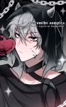  1boy alien_stage artist_name black_shirt black_veil chain closed_mouth commentary english_commentary green_eyes grey_hair grey_horns hair_between_eyes heart highres horns male_focus mih0 official_alternate_costume portrait shirt short_hair solo till_(alien_stage) veil watermark 
