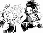  1boy 2girls angry annoyed armpits artist_name asymmetrical_bangs asymmetrical_hair bakugou_katsuki bare_shoulders belt belt_skirt black_mask black_sleeves blush boku_no_hero_academia breast_rest breasts breasts_on_head center_opening chest_strap cleavage clenched_hand clenched_teeth collarbone commentary_request detached_sleeves dkyoudai explosive eye_mask girl_on_top gloves hagakure_toru headgear instagram_username large_breasts leotard lying mask monochrome multiple_girls multiple_views no_nipples nude off_shoulder on_back open-bust_leotard open_clothes open_leotard open_mouth ponytail spiked_hair superhero_costume surprised sweat teeth translation_request watermark wide_ponytail x_(symbol) yaoyorozu_momo 