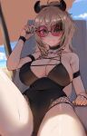  1girl absurdres animal_ears beach black_nails black_one-piece_swimsuit breasts brown_hair brown_streaks choker cleavage commentary english_commentary fishnets green_eyes hair_between_eyes highres indie_virtual_youtuber lace-trimmed_choker lace_trim large_breasts long_hair looking_at_viewer multicolored_hair nimi_nightmare nimi_nightmare_(goth) one-piece_swimsuit ponytail pyrokuro red-tinted_eyewear smile solo streaked_hair sunglasses sweat swimsuit tapir_ears tapir_girl thighs tinted_eyewear virtual_youtuber 