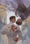  2boys arm_up batman batman_(series) black_cape black_gloves black_hair bruce_wayne cape clark_kent closed_eyes commentary covered_abs cowboy_shot dc_comics gloves long_sleeves male_focus multiple_boys navel parted_lips profile short_hair short_sideburns sideburns skyorange superman superman_(series) superman_logo very_short_hair 