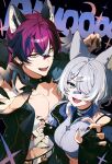  1boy 1girl :d absurdres ahoge animal_ears aqua_eyes bandaged_chest bandaid bandaid_on_face bandaid_on_nose black_hair black_nails breasts claw_pose commentary doppio_dropscythe doppio_dropscythe_(2nd_costume) earrings elira_pendora elira_pendora_(6th_costume) fangs fingerless_gloves fur-trimmed_jacket fur_trim gloves grey_hair hair_between_eyes hair_over_one_eye highres jacket jewelry large_breasts looking_at_viewer midriff mullet multicolored_hair nijisanji nijisanji_en purple_hair short_hair smile streaked_hair untranslatable_commentary virtual_youtuber wolf_ears yellow_eyes zzangto 