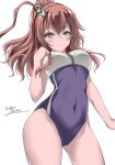 1girl artist_name blue_eyes blush breasts brown_hair commentary_request competition_school_swimsuit cosplay dated gakky hair_between_eyes hair_ornament highres kantai_collection large_breasts long_hair looking_at_viewer one-piece_swimsuit one_side_up ro-500_(kancolle) ro-500_(kancolle)_(cosplay) sailor_collar saratoga_(kancolle) school_swimsuit smile smokestack_hair_ornament solo swimsuit swimsuit_under_clothes white_background 