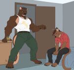 abs age_difference alcohol angry anthro barazoku barefoot bed bedroom belt beverage biceps big_muscles big_pecs black_bottomwear black_clothing black_pants bottomwear brown_belt brown_body brown_clothing brown_fur brown_hair buzz_cut chest_tuft claws clothing container cup dominant dominant_anthro dominant_male domination/submission drinking_glass drunk duo euplerid eyebrows father_(lore) father_and_child_(lore) father_and_son_(lore) feet fossa fur furniture glass glass_container glass_cup green_bottomwear green_clothing green_pants grey_body grey_chest_hair grey_eyebrows grey_fur grey_hair hair hi_res hunterramirez larger_anthro larger_male male male/male mammal manly mature_anthro mature_male muscular muscular_anthro muscular_arms muscular_male muscular_thighs older_anthro older_male on_bed pants parent_(lore) parent_and_child_(lore) parent_and_son_(lore) pecs red_clothing red_shirt red_topwear scolding shirt sitting sitting_on_bed size_difference smaller_anthro smaller_male son_(lore) stained stained_clothing stained_shirt standing stern stern_look submissive submissive_anthro submissive_male substance_intoxication tail tank_top thick_arms thick_thighs topwear tough_guy tuft tumbler white_clothing white_shirt white_tank_top white_topwear younger_anthro younger_male