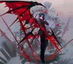  1boy absurdres arknights arknights:_endfield arm_strap asymmetrical_gloves bat_(animal) belt blue_eyes camille_(arknights) closed_mouth collared_jacket commentary_request gloves halo head_tilt highres holding holding_polearm holding_weapon jacket key kira_guil long_sleeves male_focus neck_tattoo pointy_ears polearm red_halo solo tattoo vampire weapon wings 