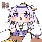  >_< 1girl :3 :d @_@ armpit_carry arrow_(symbol) blunt_bangs blush chair chibi commentary_request detached_sleeves flying_sweatdrops grey_hair hair_ribbon hairband highres lifting_person long_hair long_sleeves nontraditional_miko purple_eyes purple_hairband ribbon sleeves_past_fingers sleeves_past_wrists smile tress_ribbon trickcal white_background wide_sleeves y75zei yomi_(trickcal) 