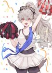  1girl :d arm_up armpits bare_arms bare_shoulders black_unitard blue_sash blush bow breasts cheerleader cleavage collarbone commentary confetti covered_navel detached_sleeves excited fangs female_corrin_(cheer_power)_(fire_emblem) female_corrin_(fire_emblem) fire_emblem fire_emblem_fates fire_emblem_heroes grey_hair hair_between_eyes hair_bow hand_up highres holding holding_pom_poms large_breasts long_hair official_alternate_costume official_alternate_hairstyle open_mouth pointy_ears pom_pom_(cheerleading) pomme_(lazzledazzle) ponytail red_eyes sash shirt skirt sleeveless sleeveless_shirt smile teeth untranslatable_commentary upper_teeth_only very_long_hair white_shirt 