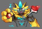  &lt;3 abs anthro blue_eyes fangs fur grey_background looking_at_viewer male muscular musical_note nintendo one_eye_closed pok&eacute;mon pok&eacute;mon_(species) simple_background smile stethoscope video_games waddledox wink yellow_fur zeraora 