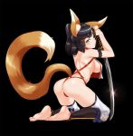 :o animal_ears armlet armpits arms_up ass back bangs bare_back bare_shoulders barefoot black_background black_hair blunt_bangs blush breasts closed_eyes facial_mark feet food fox_ears fox_tail from_behind full_body glint hair_ornament hairclip halterneck holding holding_food kagiyama_(gen'ei_no_hasha) katana kneeling large_breasts leaning_forward lens_flare long_hair looking_at_viewer looking_back original parted_bangs revealing_clothes shin_guards shiny shiny_hair shoulder_blades sideboob simple_background soles solo sword tail thick_eyebrows thighs toes weapon 